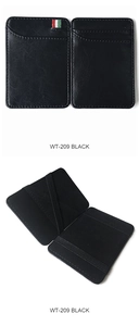 Detail view of the black magic wallet WT-209 with elastic bands and card slots