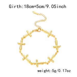 Detail view of gold stainless steel cross bracelet with 18cm+5cm girth and 5g weight
