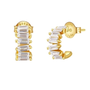Elegant gold S925 sterling silver C-shaped hoop earrings with baguette cubic zirconia