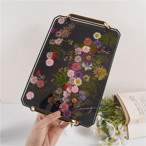 Rectangular resin tray mold with real dried flowers and golden handles for DIY crafts