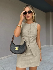 Linen vest and mini skirt set in light oatmeal with button-up vest and slim fit skirt