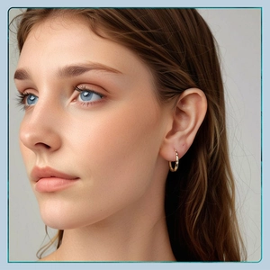 Close-up of golden hoop earring with star pattern engraving worn by a model