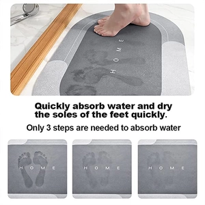 Three-step sequence showing quick water absorption on gray marble diatom mud bath mat