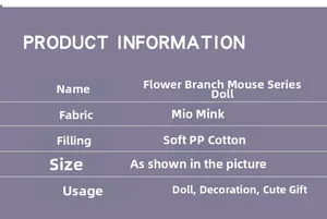 Specifications chart for plush mouse toy showing soft mink fabric and PP cotton filling