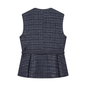 Gilet en tweed bleu foncé pour femme avec taille cintrée et détails plissés à l'arrière