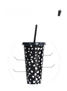 Detailed view of a black reusable straw cup featuring a white heart pattern print