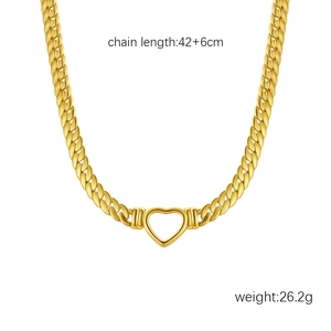 18K gold plated chunky Cuban link heart pendant necklace, length 42+6cm, weight 26.2g