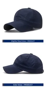 Detail view of quick-dry navy baseball cap showing laser-cut breathability holes