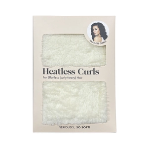 Detail of white velvet heatless hair curler set in premium beige packaging box