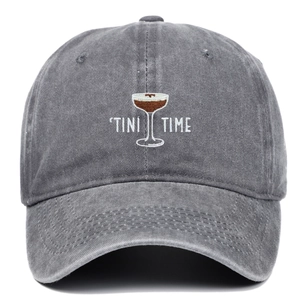 Vintage washed grey cotton baseball cap with Tini Time cocktail embroidery and retro style
