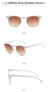 Three-way view of retro semi-rimless sunglasses with white silver frames and gradient brown lenses