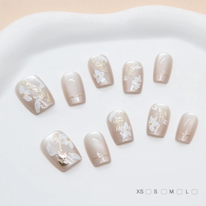 Handmade 3D Gilded Leaf White Flower Press On Nails Vintage Cat Eye Reusable Fake Nails Set For Women Nail Art Decoration