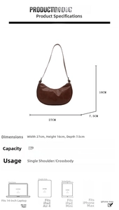 Size specifications and capacity chart for the brown crescent underarm handbag