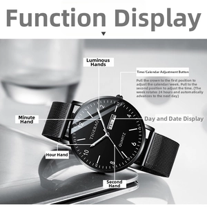 Detail of quartz watch with double calendar display and luminous hands on mesh strap