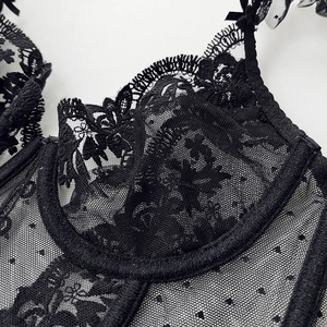 Exquisite black lace bra with delicate floral embroidery and sheer mesh dot details