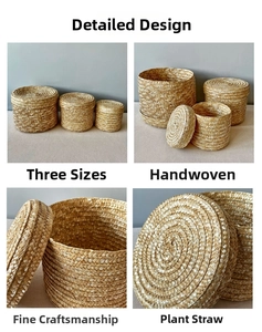 Detail of three-piece natural straw woven boxes showing texture and lid craftsmanship