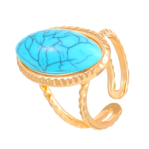 Anillo abierto vintage dorado con turquesa ovalada y bisel martillado para mujer