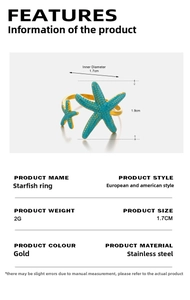 Detailed size specifications for the 18K gold plated starfish ring in stainless steel
