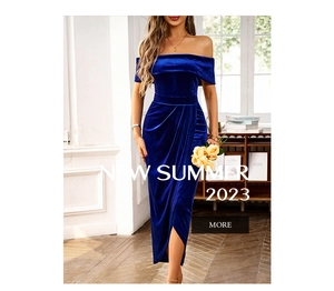 Close-up of the elegant off-shoulder sapphire blue velvet dress with pleated waist and slit