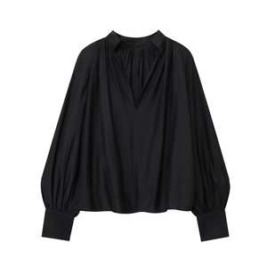 Elegant black silk satin V-neck blouse with long lantern sleeves and pleated details
