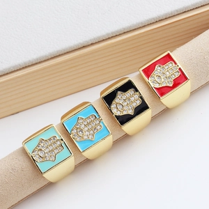 Gold Hamsa Hand open rings with colorful enamel and zircon stones in four vibrant colors