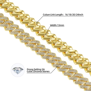 Détail de chaînes cubaines dorées 13mm avec zircone 5A sertie et maillons polis brillants