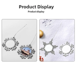 Macro detail of snowflake metal ornament with DIY photo frame and festive silver lanyard