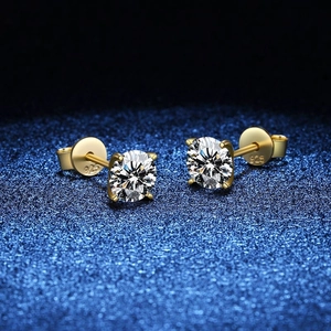S925 sterling silver gold plated 1-carat moissanite stud earrings with 4-prong setting