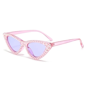 Pink cat-eye sunglasses with pearl-studded frames and lavender tinted lenses