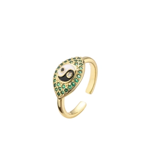 Anello dorato regolabile con design occhio Yin Yang e zirconi cubici verdi