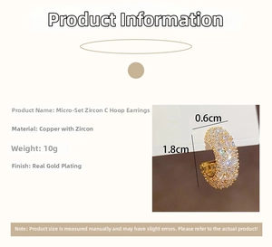 Detailed size specifications for C-shaped gold earrings with micro-set zircon accents