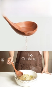 Macro detail of ergonomic ebony wood soup ladle featuring natural grain and pour spout