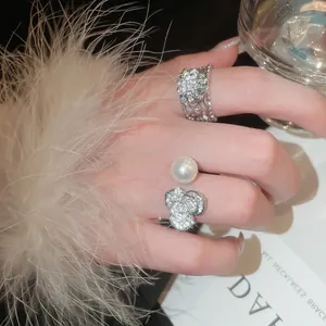 Bague Ouverte Réglable Élégante Française Fleur Blé Cuivre Zircon Fausse Künstliche Perle Bijoux Floraux Pour Femmes