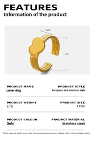 Spécifications de taille pour bague cœur dorée en acier inoxydable poli