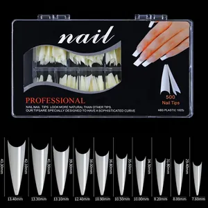 Size chart showing 10 specifications of extra long stiletto false nail tips in millimeters