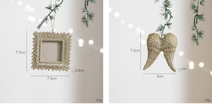 Detailed view of gold glitter sunflower frame and angel wing Christmas tree ornaments