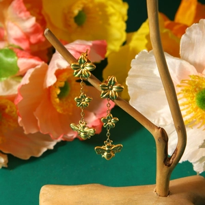 18k gold plated stainless steel floral bee drop earrings with green enamel coating