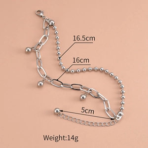 Unisex stainless steel double layer beaded chain bracelet with polished finish in silver