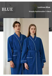 Detail of Glazed Blue waffle texture bathrobe with V-neck design and side pockets for couples