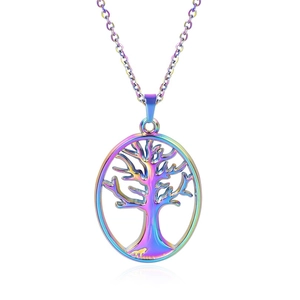 Rainbow plated stainless steel tree of life pendant necklace with fine wolf detail
