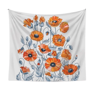 Detailed view of hand-painted orange poppy flowers on artistic floral wall tapestry