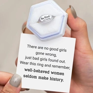 S925 sterling silver alphabet ring engraved with Be Kind message in a white velvet box