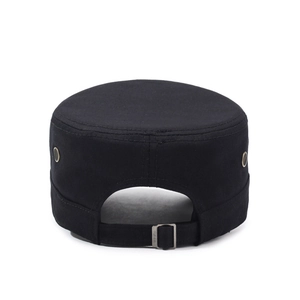 Classic black canvas cadet hat with adjustable metal buckle and breathable side vents