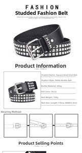 Detailed view of punk Y2K rivet belt with three rows of square metal studs and size chart