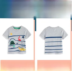 Detailed front and back view of boys grey cotton T-shirt with dinosaur print and stripes