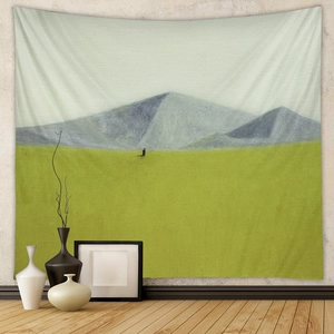 Macro shot of mountain landscape tapestry on concrete wall with minimalist decor