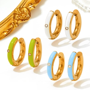 Candy colored stainless steel hoop earrings with enamel finish and single zircon accents