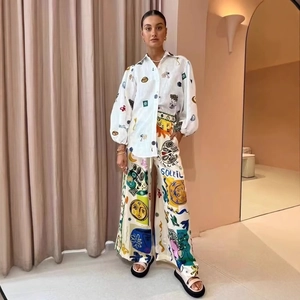 Tenue Femme Chemise À Boutons À Manches Longues Et Pantalon Large À Imprimé Artistique Streetwear Motif Graffiti Polyester