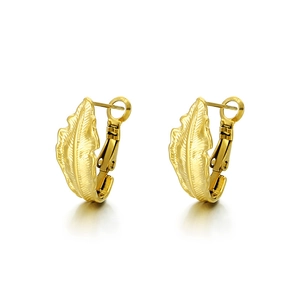 French minimalist gold leaf hoop earrings in stainless steel with detailed vein textures