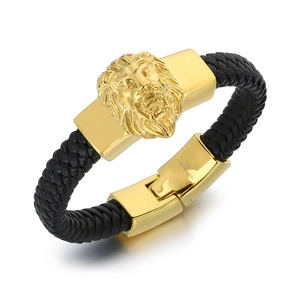 Fashionable lion head bracelet with black braided leather and stainless steel clasp